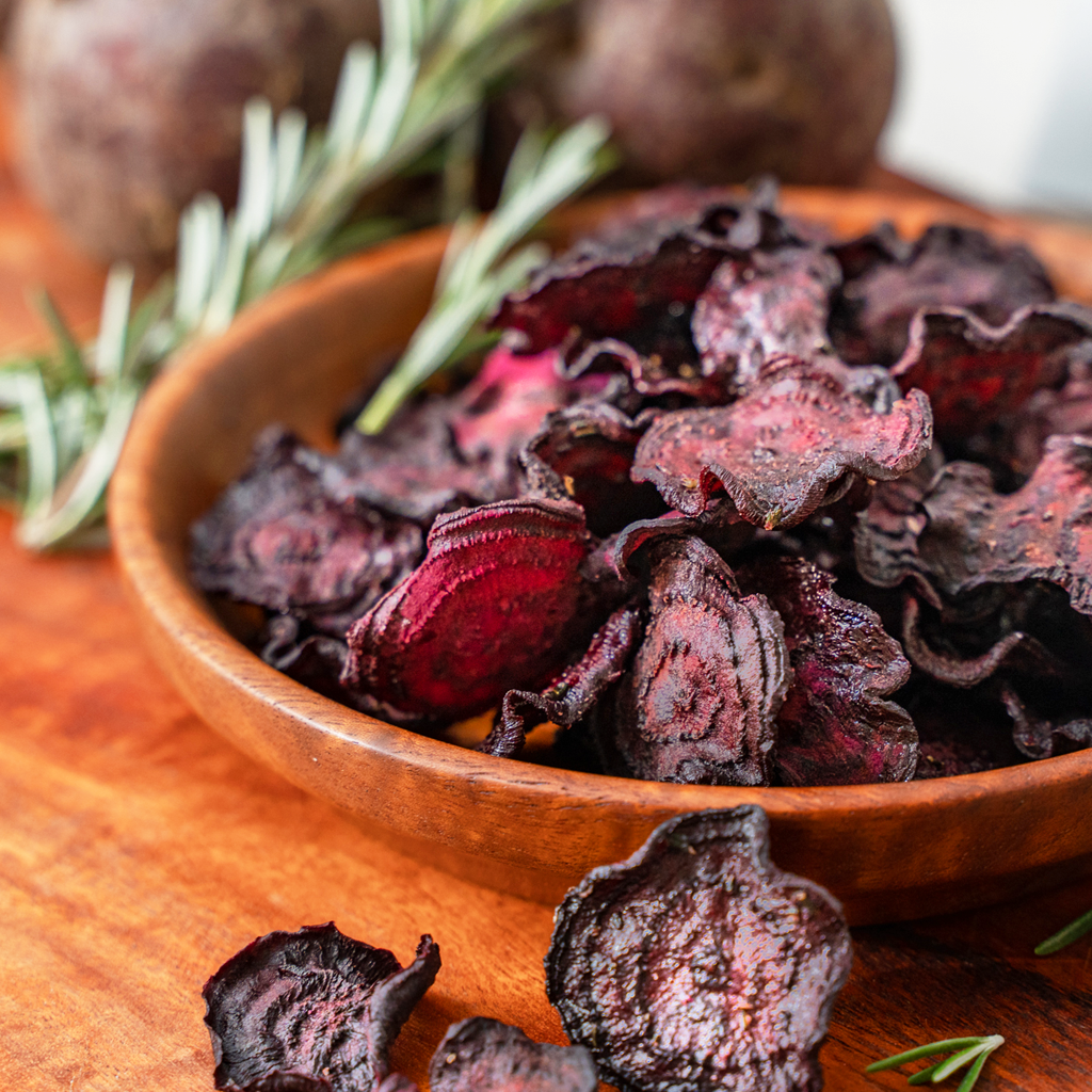 Dehydrated beetroot chips with rosemary salt