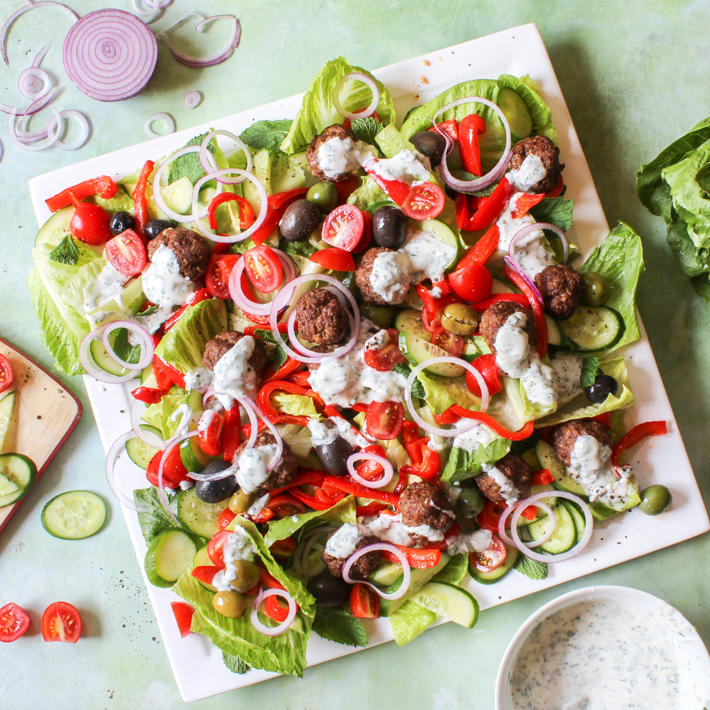 Greek lamb meatball salad with mint yogurt dressing